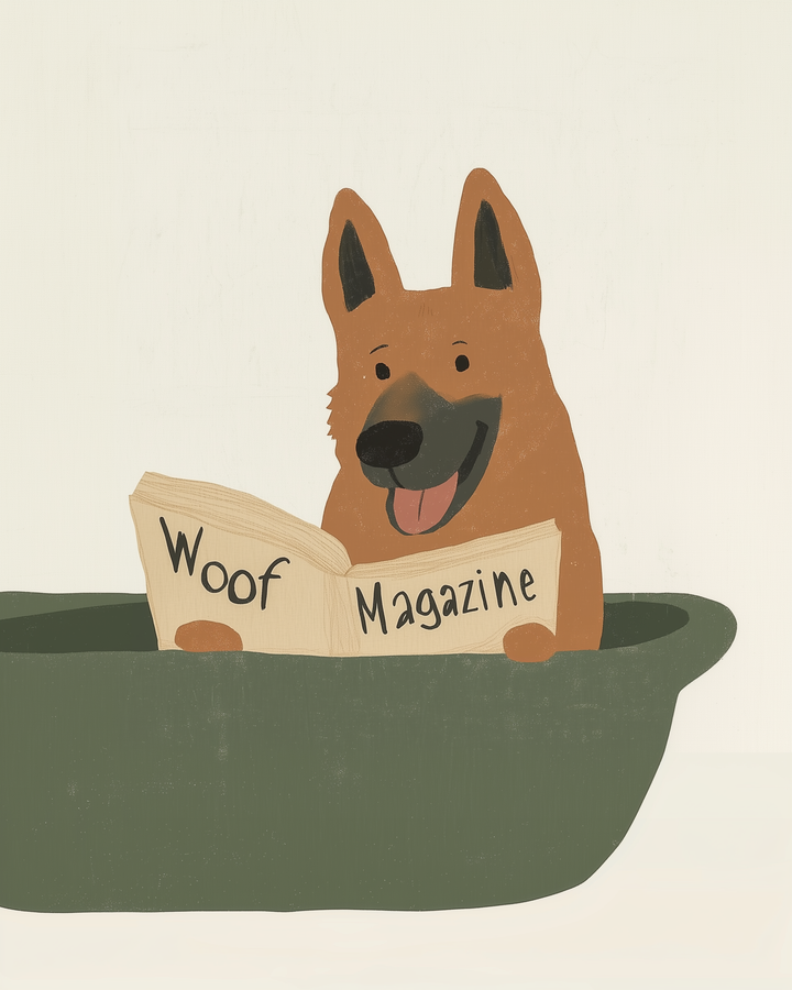 A cartoon-style dog happily sits in a green dog bed reading a newspaper labeled “Woof Magazine” with a smile and tongue out.