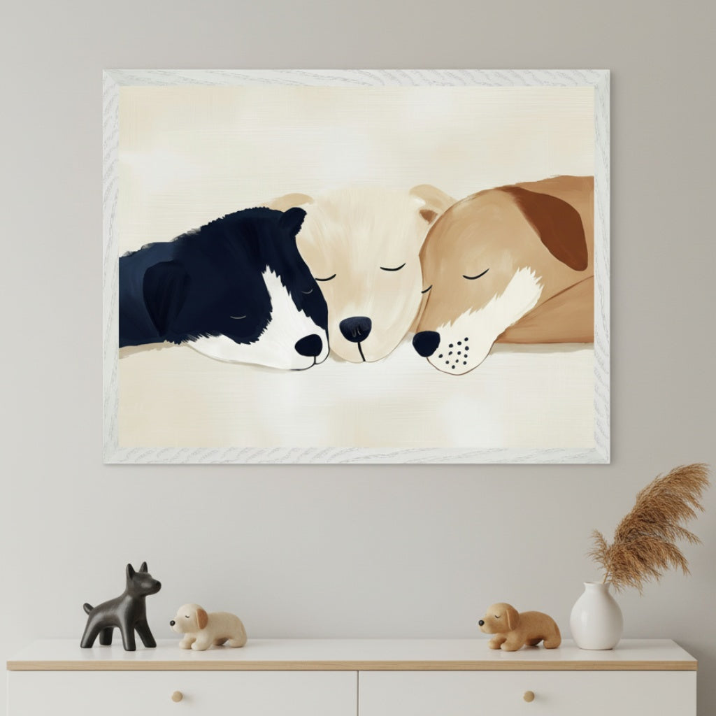 Modern minimalist room with a white dresser and wood top. A large framed print of three sleeping dogs in a simple illustrative style hangs centered above the dresser. The dogs are black & white, cream, and tan, snuggled together with eyes closed.