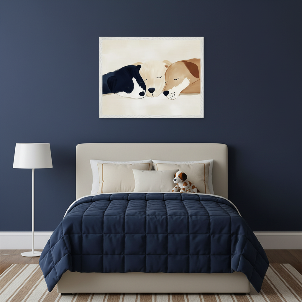 Kid's bedroom with a dark blue wall. Above a beige upholstered bed with a navy comforter hangs a framed illustration of three sleeping dogs. A white floor lamp is on the left. A striped rug covers the wood floor.