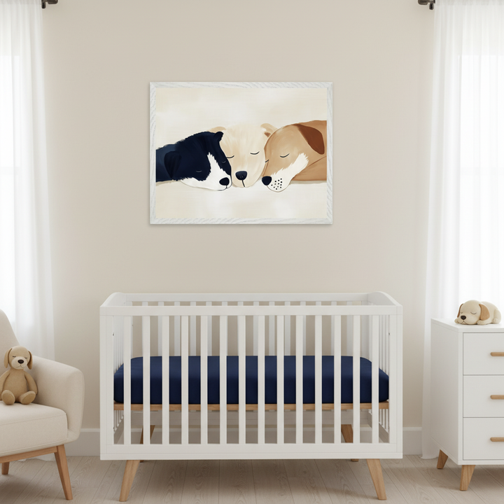Modern nursery with a white crib with a navy mattress, an armchair, and a white dresser. A large framed print of three sleeping dogs (black and white, cream, tan) in a simple illustrative style hangs centered above the crib.