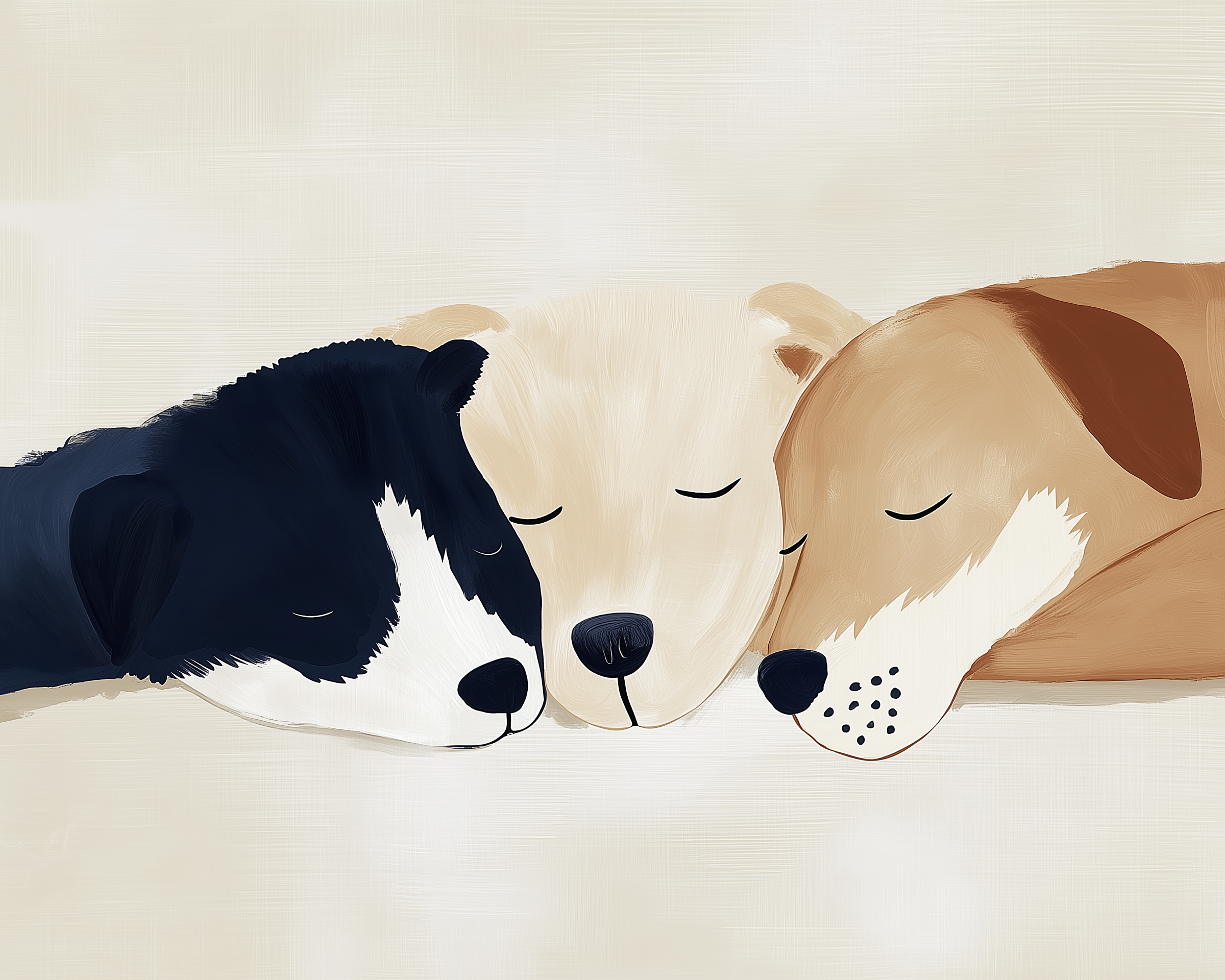 A trio of dogs—one black and white, one cream, and one brown—sleep peacefully with their heads nestled together against a pale background.