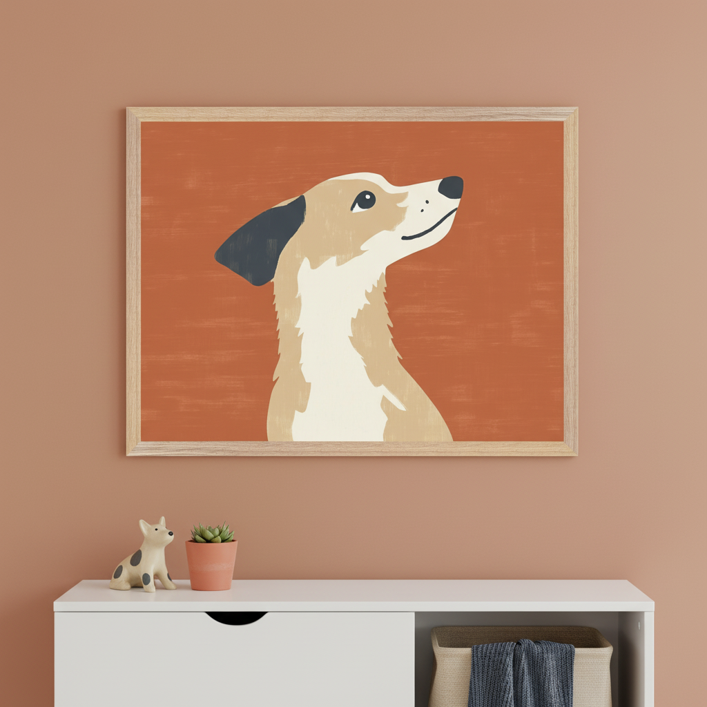Modern kid's room with a white dresser. A large framed print of a stylized tan and cream dog with a dark ear, looking up on an orange background, hangs centered above the dresser. A dog figurine and potted plant are on the dresser.