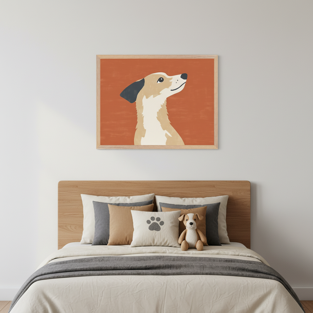 Modern bedroom with a wooden headboard and bed with pillows and a stuffed dog. A framed illustration of a light brown and white dog in profile looking up, on an orange background, hangs centered above the bed.