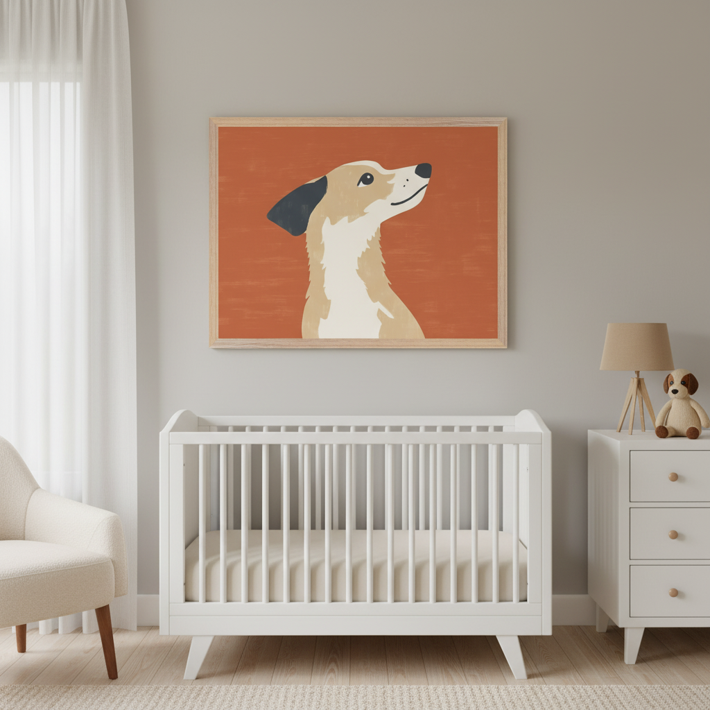 Modern nursery with a white crib and dresser, and a cream armchair. A large framed minimalist illustration of a cream dog with dark ears looking up, on a terracotta background, hangs above the crib.