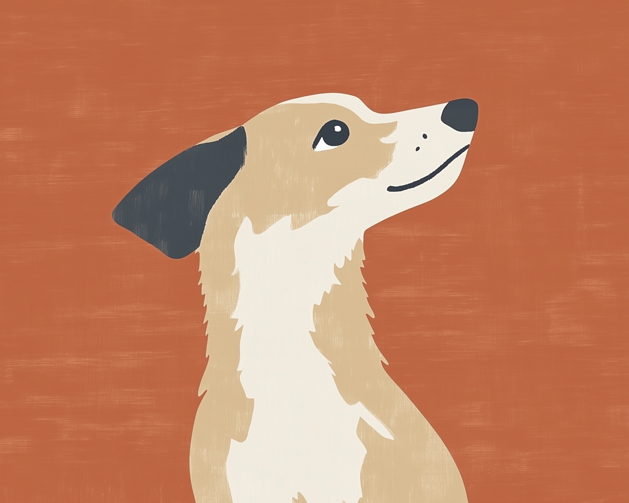 A minimalist portrait of a tan and white dog with one black ear gazing upward against a warm rust-red textured background.
