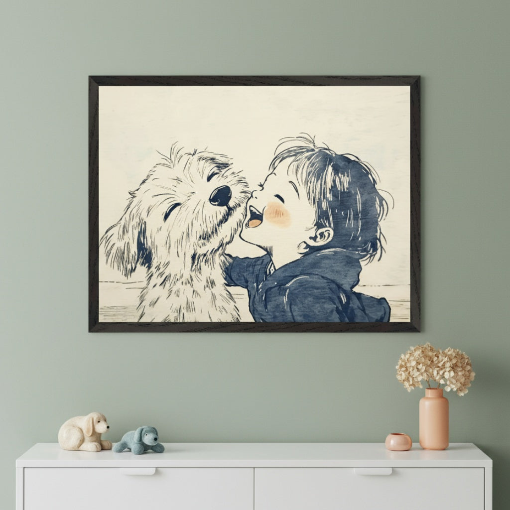 Modern room with a sage green wall. A framed line drawing of a shaggy dog licking a laughing child's cheek hangs centered above a white dresser. Ceramic and plush dog toys, a vase with dried flowers are on the dresser.