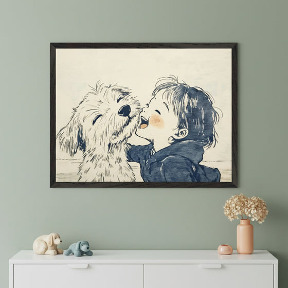 Modern room with a sage green wall. A framed line drawing of a shaggy dog licking a laughing child's cheek hangs centered above a white dresser. Ceramic and plush dog toys, a vase with dried flowers are on the dresser.