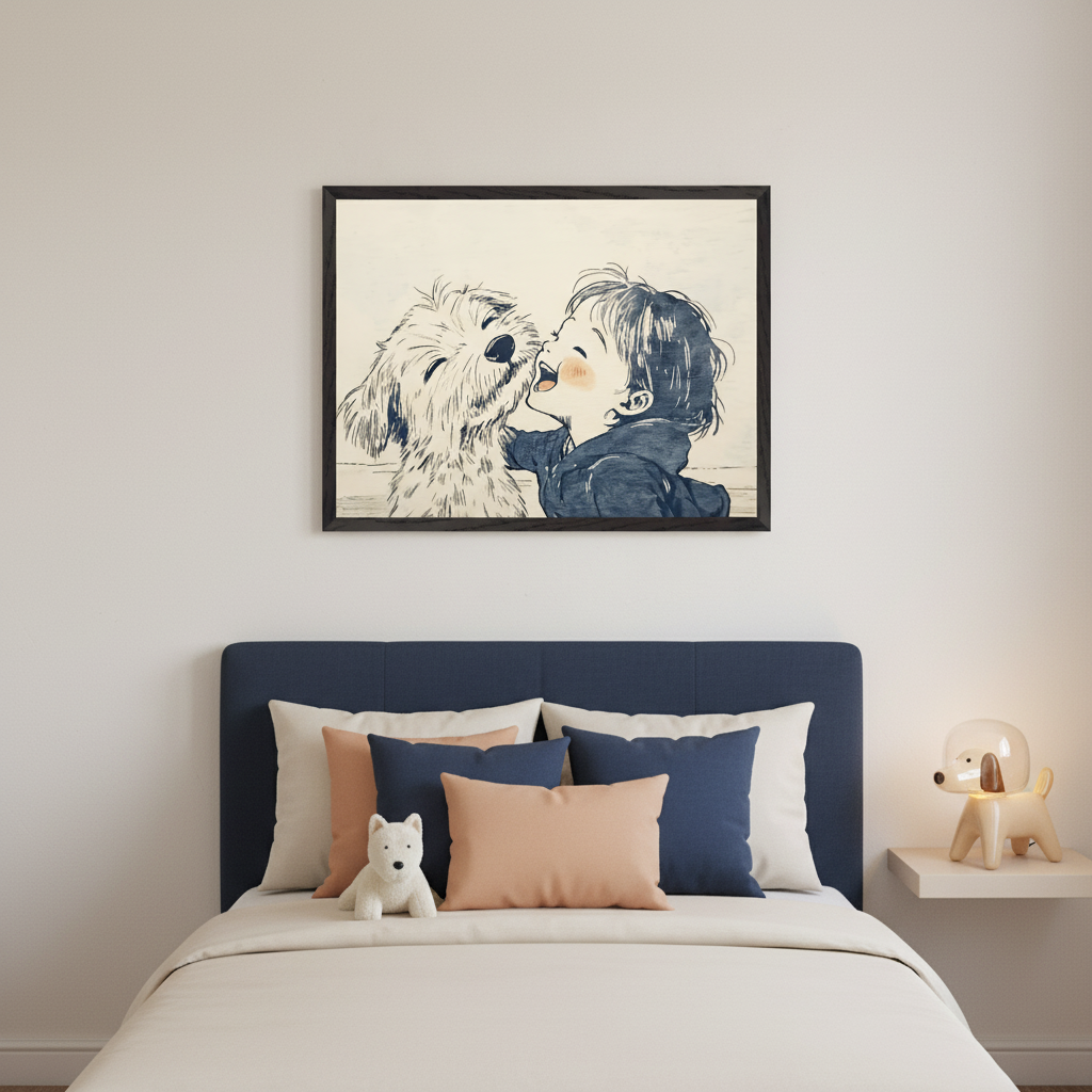 Kid's bedroom with a bed and dark blue headboard. A framed sketch-style illustration of a child kissing a dog hangs centered above the bed. A stuffed dog is on the bed, with a dog lamp on a shelf.