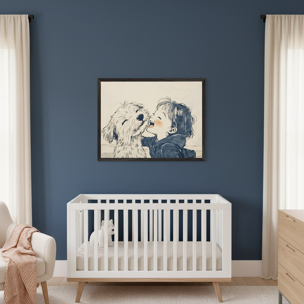 Modern nursery with a white crib, beige armchair, and light wood dresser against a blue wall. A framed illustration of a child and a fluffy white dog kissing hangs centered above the crib. The artwork is in a sketchy style with sepia tones and a hint of blush.