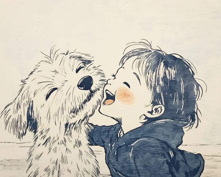  A stylized, sketch-like image of a smiling child laughing with a scruffy dog as they press their faces together in joyful companionship.
