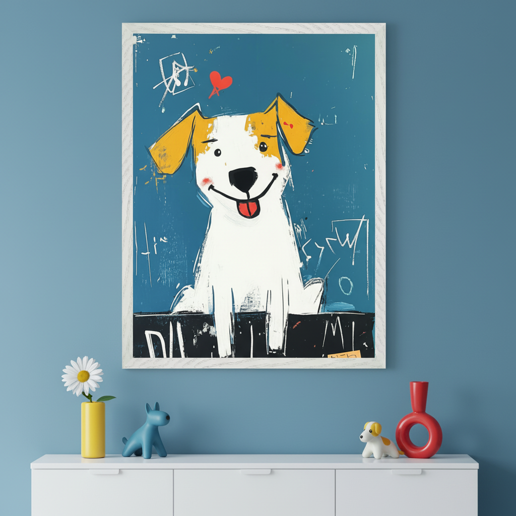 Playful modern room with a white dresser. A large framed, stylized painting of a happy white and yellow-eared dog with a red heart hangs centered above the dresser. Objects on dresser include a daisy in a yellow vase and dog figurines.
