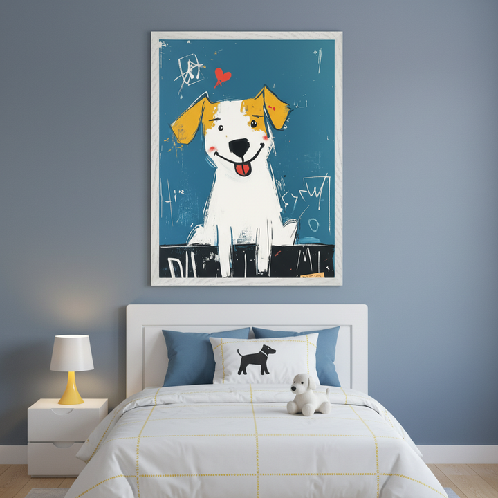Kid's bedroom with a white bed and headboard, white nightstand, and yellow lamp. A large framed abstract illustration of a happy white dog with yellow ears and a red heart on a blue background hangs centered above the bed.