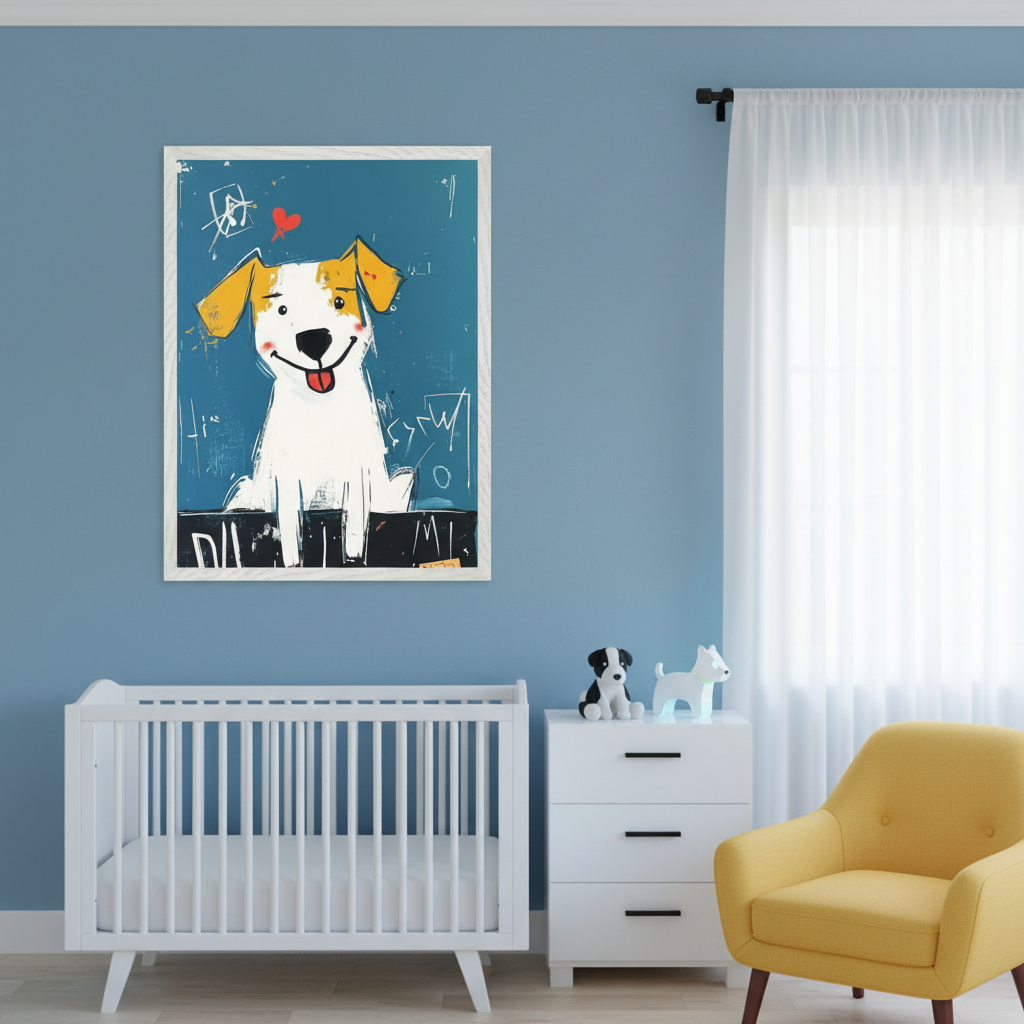 Modern nursery with a white crib, white dresser, and yellow armchair. A large framed abstract painting of a smiling white dog with yellow-brown ears and a red heart on a textured blue background hangs above the crib.