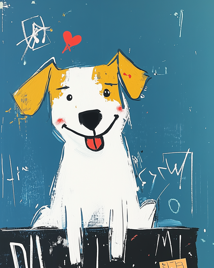 A playful, graffiti-style painting of a smiling white dog with yellow ears, blushing cheeks, and tongue out, set against a teal background with doodles and a red heart.

