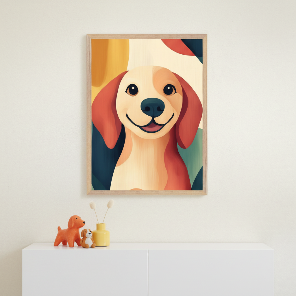 Modern room with a white cabinet. A framed, colorful, stylized smiling dog illustration hangs centered above the cabinet. Two dog figurines and a yellow vase sit on the cabinet.