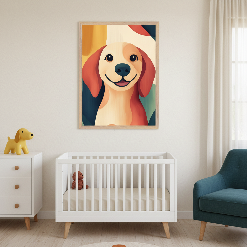 Modern nursery with a white crib, white dresser, and teal armchair. A large framed print of a smiling, colorful, stylized dog hangs on the wall above the crib.