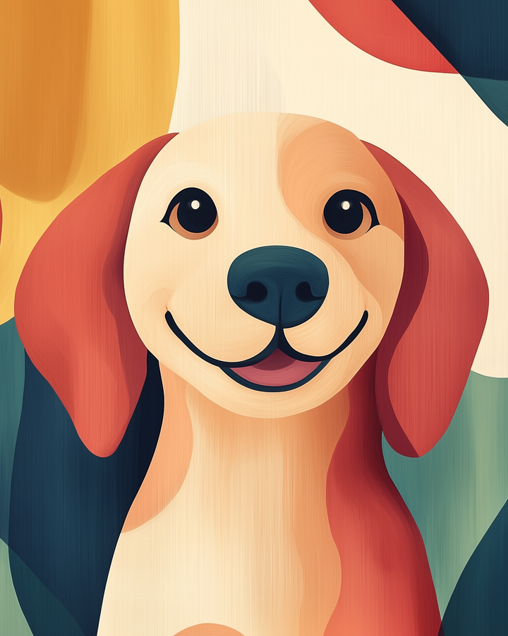A bright and cheerful vector-style portrait of a happy dog with floppy red ears and big eyes, surrounded by warm abstract shapes.