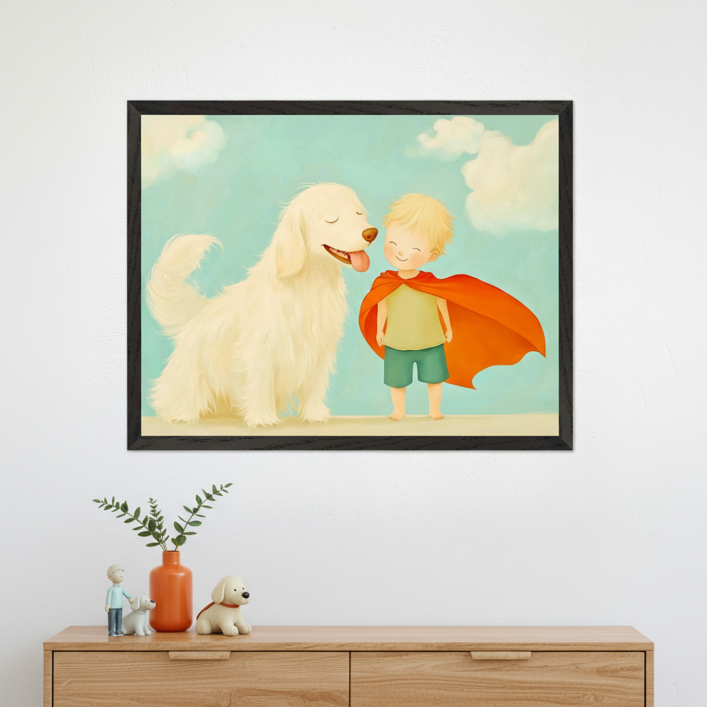 Modern kid's room with a light wood dresser. A black-framed illustration of a golden retriever and a smiling blonde boy in a red superhero cape hangs centered above the dresser. The artwork is whimsical, set against a blue sky.
