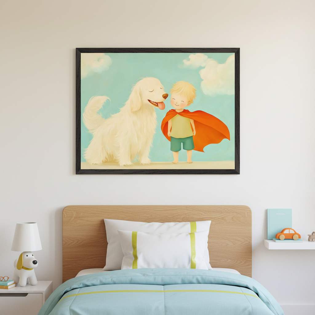 Kid's bedroom with a wooden headboard bed and blue bedding. Above it, a framed illustration shows a golden retriever nuzzling a blonde boy in an orange cape, against a light blue sky. A dog-shaped lamp is on a nightstand.
