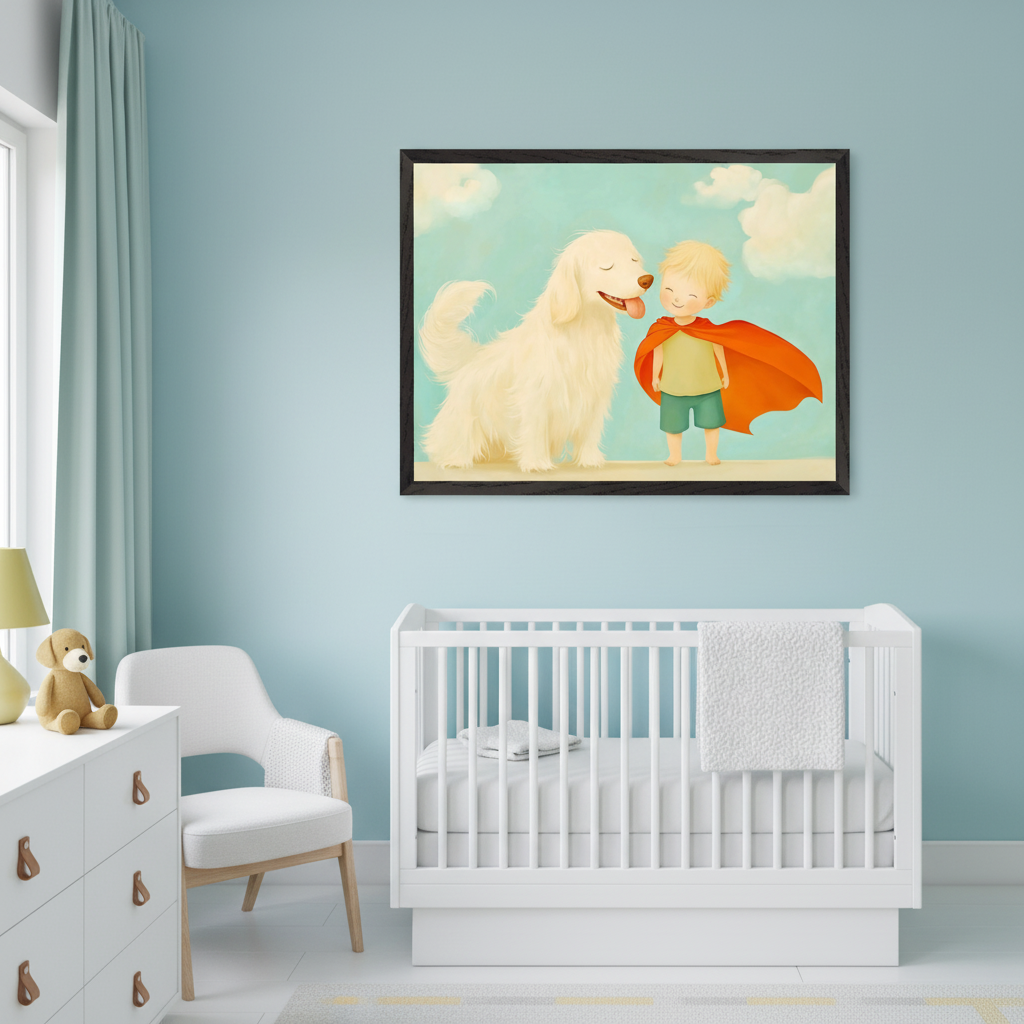 Modern nursery with light blue walls. A large framed illustration of a smiling golden retriever and a boy in a red cape hangs above a white crib. A white dresser with leather pulls and a modern white chair are to the left.