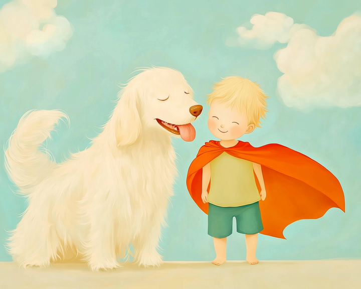 A barefoot blond boy wearing an orange cape smiles next to a large fluffy white dog, who pants happily against a soft sky-blue background with clouds.
