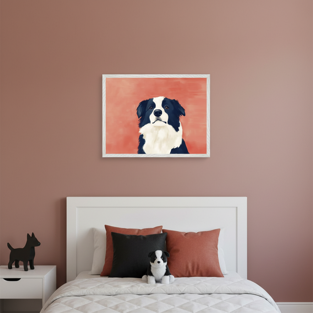 Kid's bedroom with a white bed, headboard, and nightstand. Centered above the bed, a framed painting of a black and white Border Collie on a coral background. A plush toy dog sits on the bed, and a dog figurine on the nightstand.