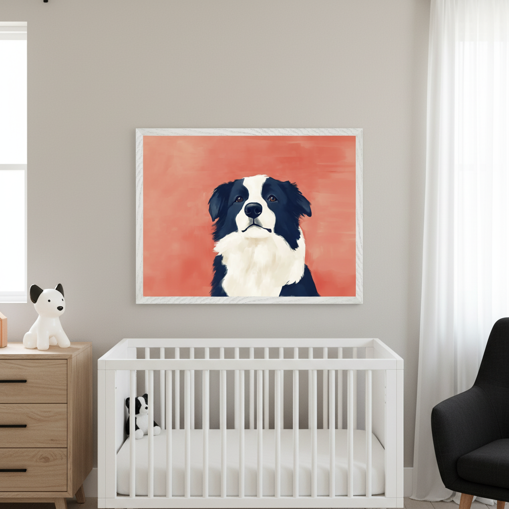 Modern nursery with a white crib, wooden dresser, and black armchair. A large white-framed painting of a black and white Border Collie dog on a peach-coral background hangs above the crib.