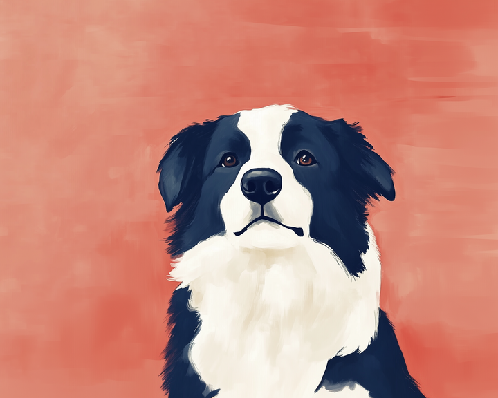 A black and white border collie stares calmly forward against a solid coral background in a bold, painterly style.
