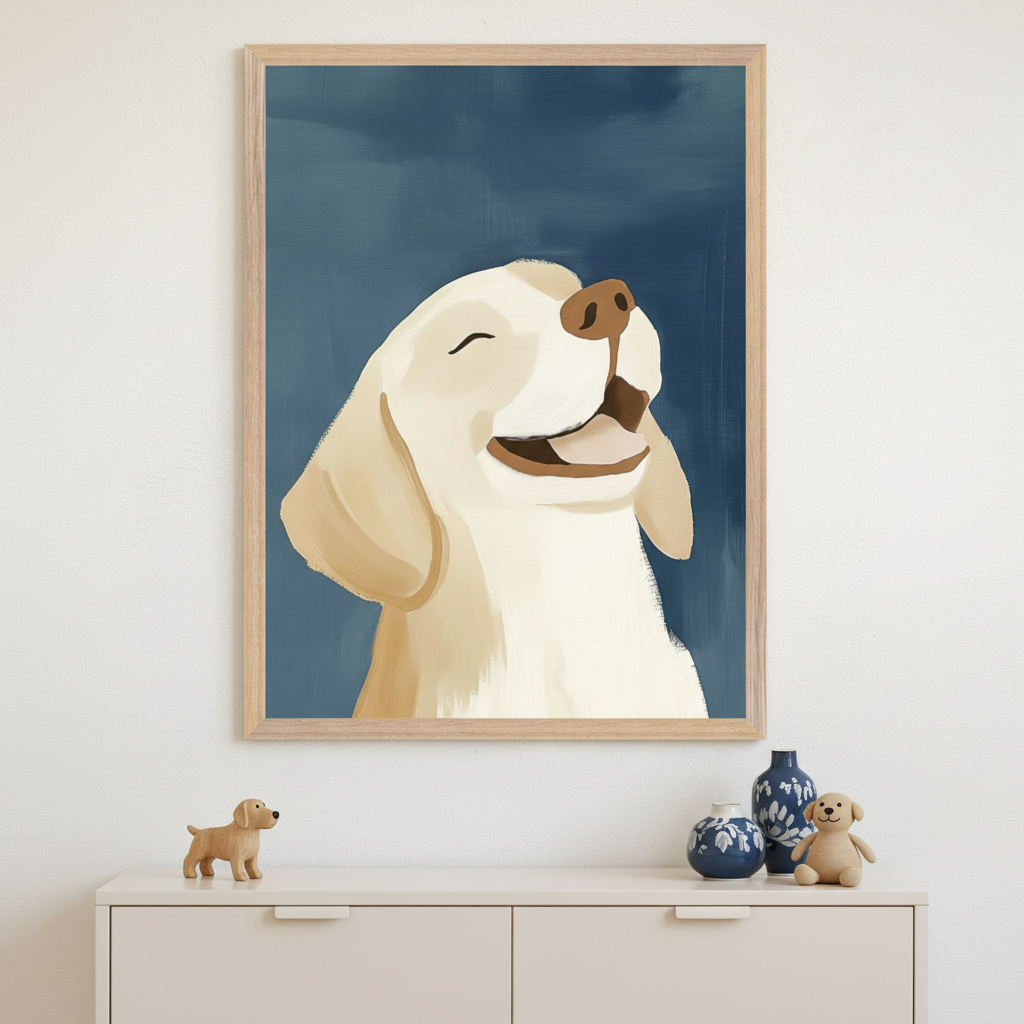 Modern room with a light dresser. A large framed illustration of a happy light-colored dog against a dark blue background hangs centered above the dresser. Small dog figurines and blue patterned vases are on the dresser.