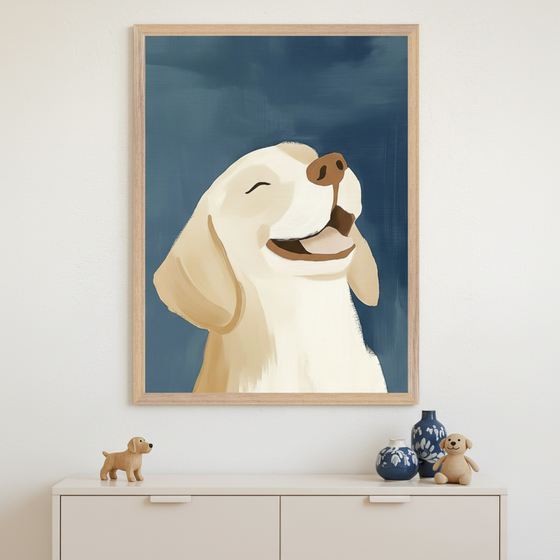 Modern room with a light dresser. A large framed illustration of a happy light-colored dog against a dark blue background hangs centered above the dresser. Small dog figurines and blue patterned vases are on the dresser.