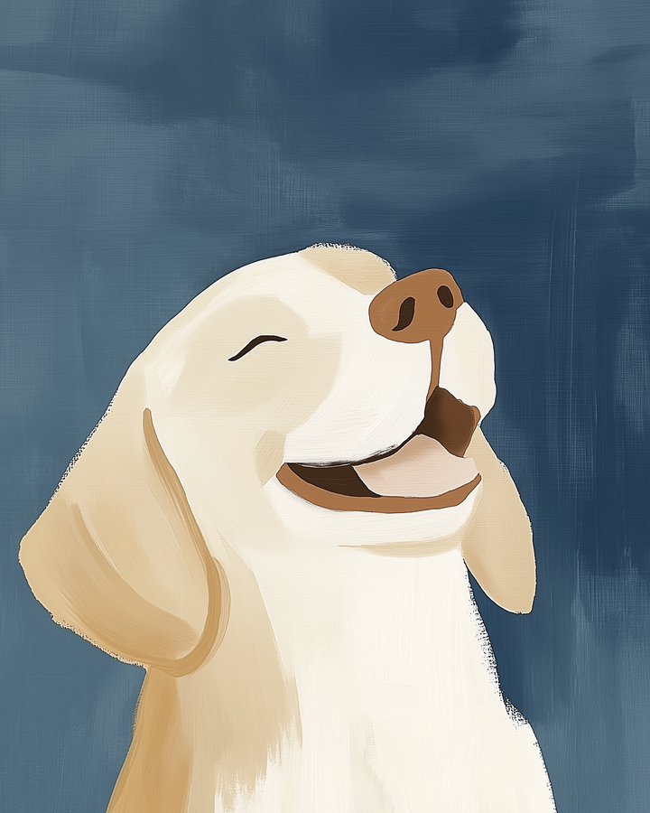 A close-up illustration of a pale golden retriever with eyes closed and a joyful smile, set against a moody navy background.