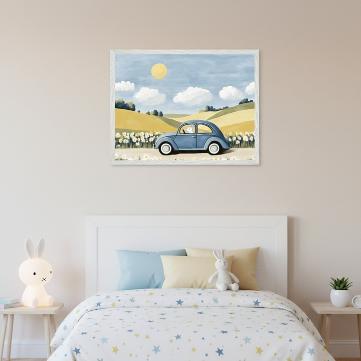 Kid's bedroom with a white bed and headboard. A framed painting of a blue cartoon car with a bunny driver in yellow daisy fields under a sunny blue sky hangs centered above the bed.