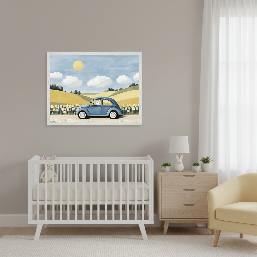 Modern nursery with a white crib, light wood dresser, and yellow armchair. A large framed print showing a blue car in a daisy field under a sunny sky hangs centered above the crib.
