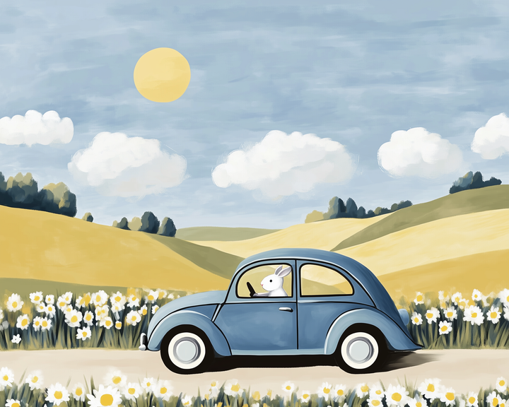 A white bunny drives a vintage blue car along a dirt road surrounded by daisies and yellow hills under a sunny blue sky with fluffy clouds.