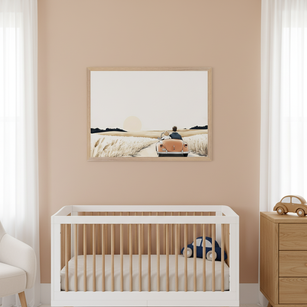 Modern nursery with a white wood-slat crib and a light wood dresser with a wooden toy car. Above the crib, a framed illustration shows two people in an orange convertible driving on a dirt road through fields of tall grass at sunset.