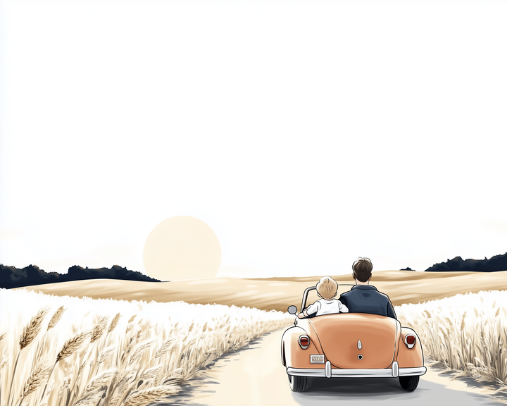 A father and child drive an orange convertible down a dirt road through golden wheat fields, watching the sun set over soft rolling hills.
