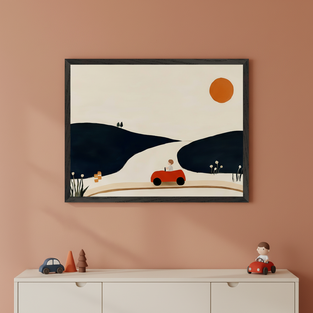 Kid's room with a light dresser against a terracotta wall. A black-framed print hangs centered above it, depicting a minimalist landscape with dark hills, an orange sun, and a child in a red car on a winding path. Wooden toy cars and shapes are on the dresser.