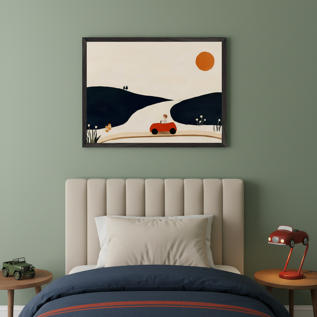 Kid's bedroom with a beige channel-tufted bed and dark blue bedding. A large framed minimalist landscape art hangs centered above the bed, depicting a red car on a road winding through dark hills under an orange sun. Wooden side tables flank the bed.