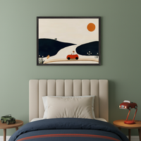 Kid's bedroom with a beige channel-tufted bed and dark blue bedding. A large framed minimalist landscape art hangs centered above the bed, depicting a red car on a road winding through dark hills under an orange sun. Wooden side tables flank the bed.
