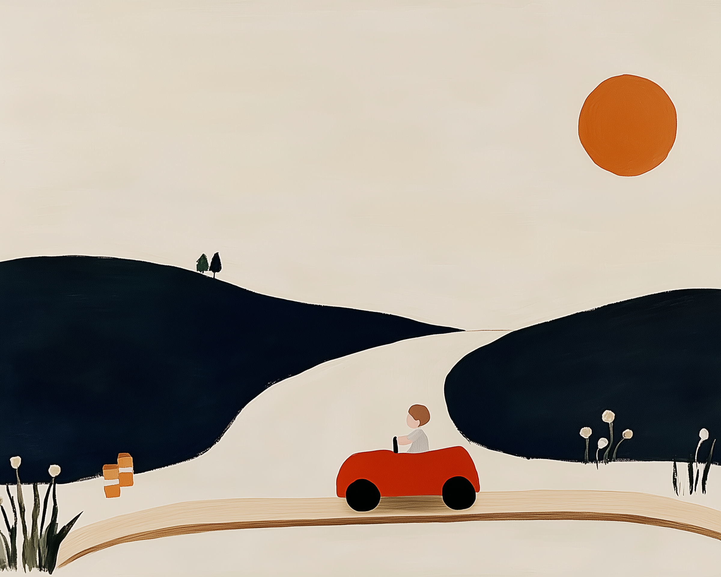 A stylized, minimalist illustration of a child driving a red toy-like car along a winding road between dark green hills under a large orange sun.

