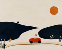 A stylized, minimalist illustration of a child driving a red toy-like car along a winding road between dark green hills under a large orange sun.

