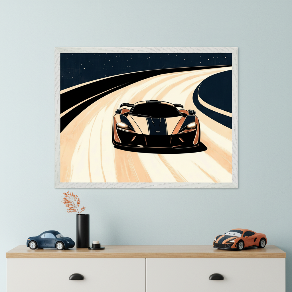 Kid's room with a light wooden dresser. A framed illustration of an orange and black sports car on a winding road at night, with stars, hangs centered above the dresser. A blue toy car, a black vase, and an orange toy car are on the dresser.