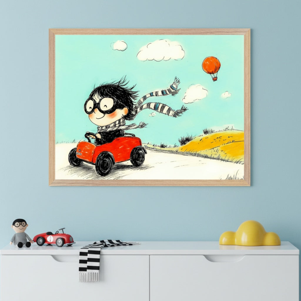 Kid's room with a white dresser against a light blue wall. A framed cartoon illustration of a child in glasses driving a red toy car with a striped scarf blowing in the wind, under clouds and a hot air balloon, is centered above the dresser.