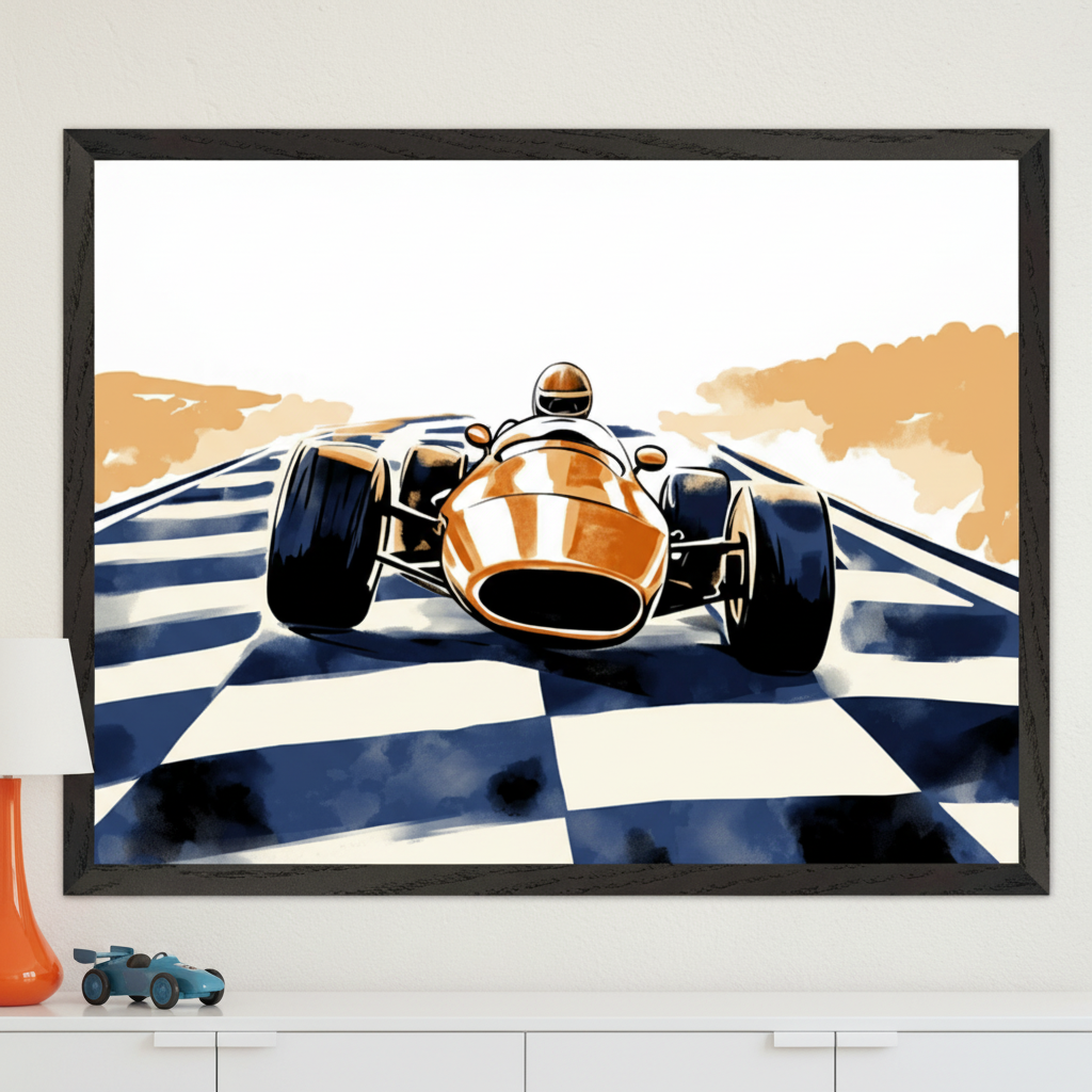 Modern room with a white console table. A large framed print of an orange vintage race car on a checkered track, in a painterly illustration style, hangs above the table. An orange lamp and a blue toy car are on the table.