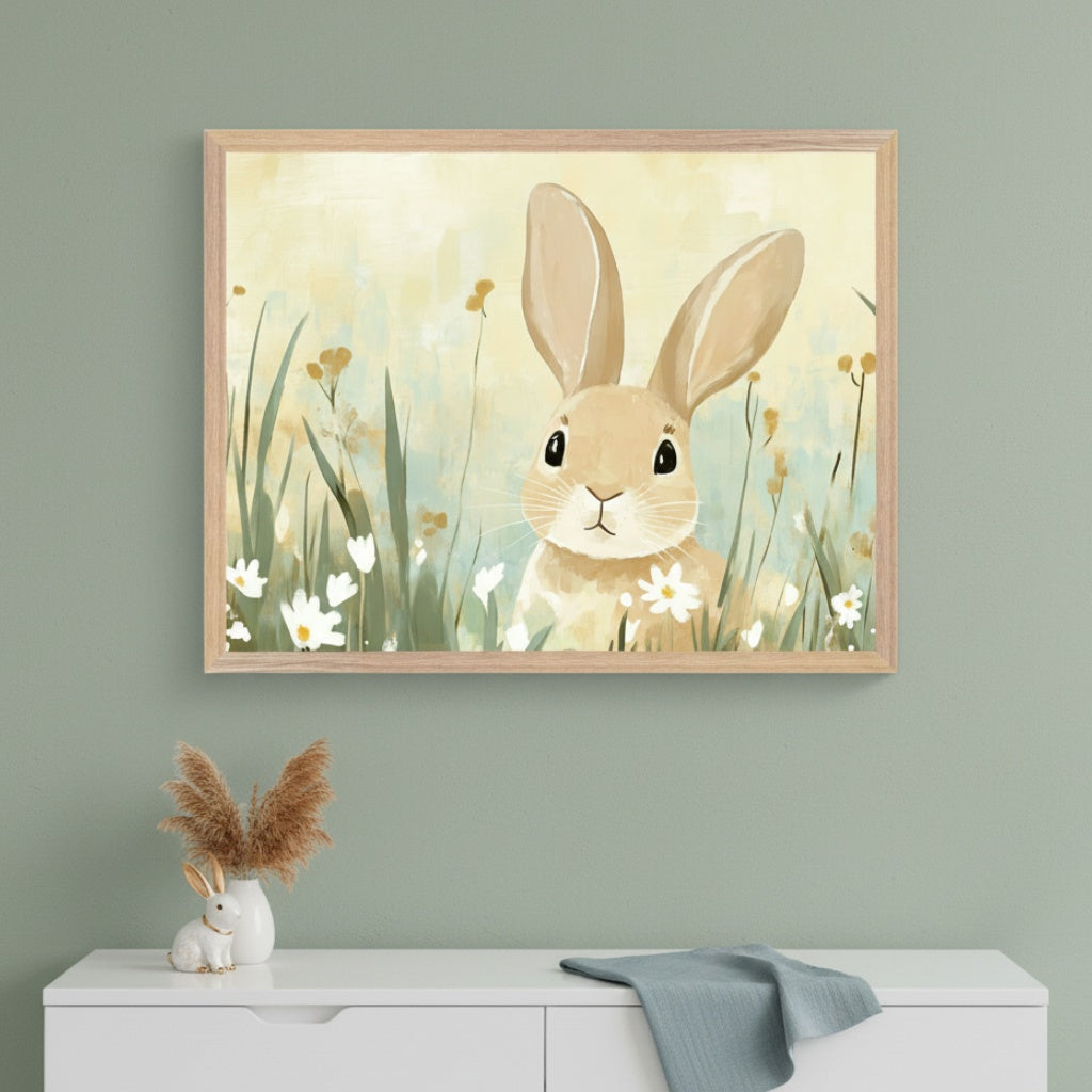 Modern room with sage green walls and a white dresser. A framed watercolor-style painting of a light brown bunny amidst white and yellow flowers hangs above the dresser. A small bunny figurine and dried grass are on the dresser.