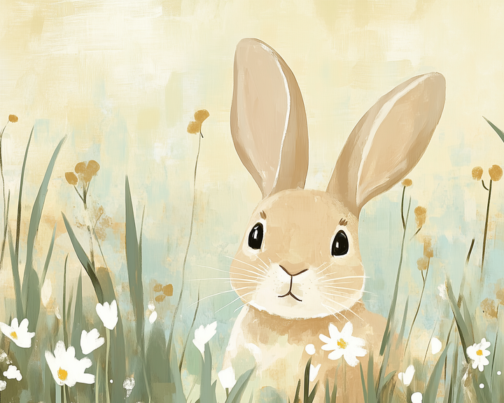 Soft watercolor-style illustration of a light brown bunny with large ears and bright eyes, sitting among tall grass and white wildflowers. The background features gentle yellow and blue tones, creating a calm and whimsical springtime feel.