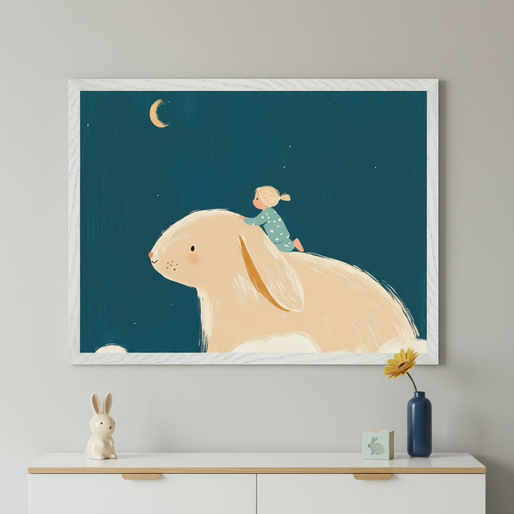 Modern kid's room with a white dresser. A large framed illustration of a child riding a giant cream rabbit under a crescent moon in a dark blue sky hangs above. On the dresser are a ceramic bunny, blue vase with yellow flower, and a bunny block.