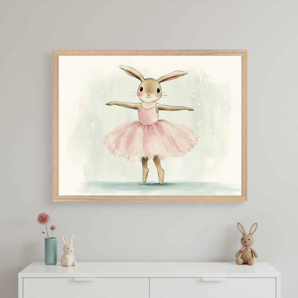 Kid's room with a light gray wall and a white dresser. A large framed watercolor print of a ballerina bunny in a pink tutu hangs centered above the dresser. A small teal vase with a flower and two bunny figurines are on the dresser.