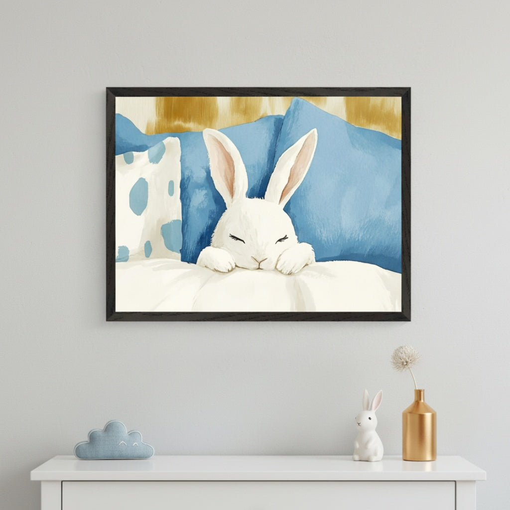 Kid's bedroom with a white dresser against a light gray wall. A framed watercolor painting of a white bunny sleeping in blue and white bedding hangs centered above the dresser. A blue cloud and white bunny figurine decorate the dresser.
