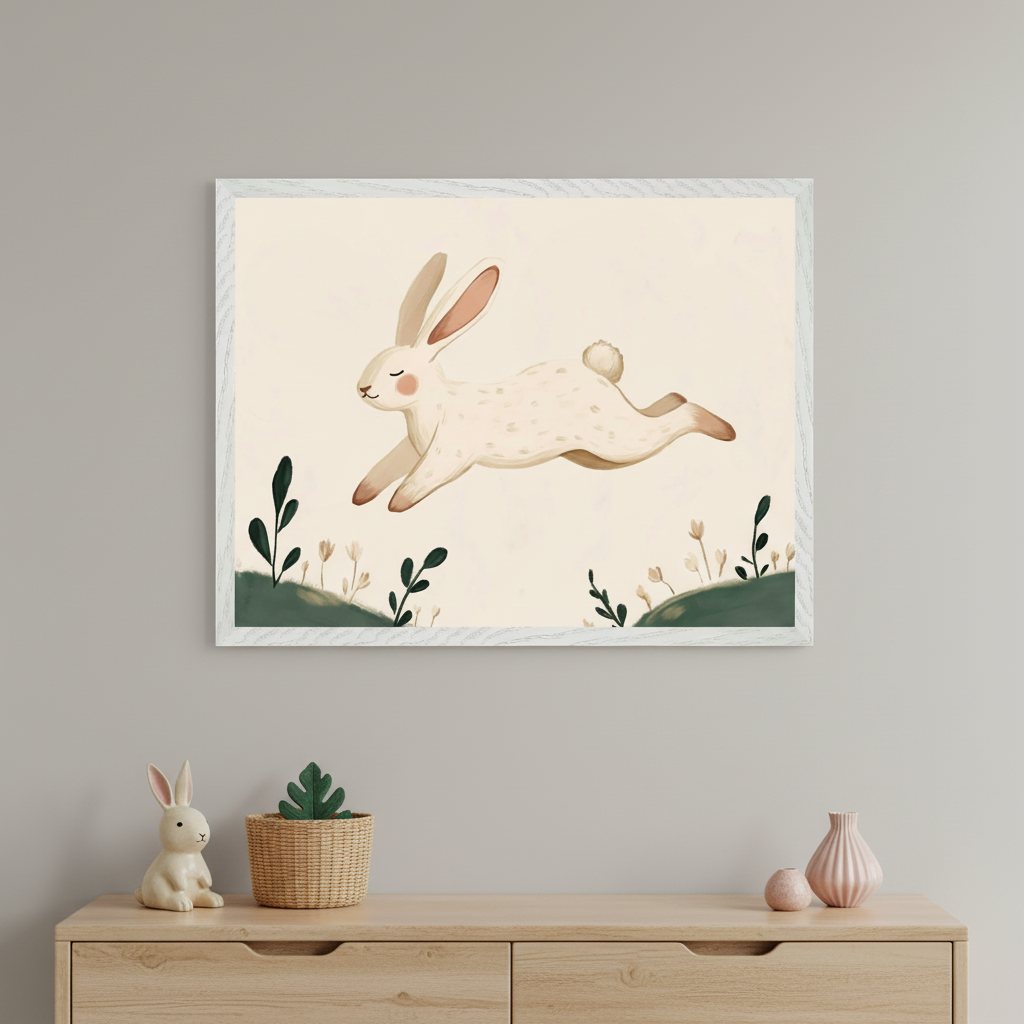 Kid's room with a light wood dresser against a gray wall. A framed art print featuring a jumping white bunny with green hills in an illustrative style hangs above the dresser.